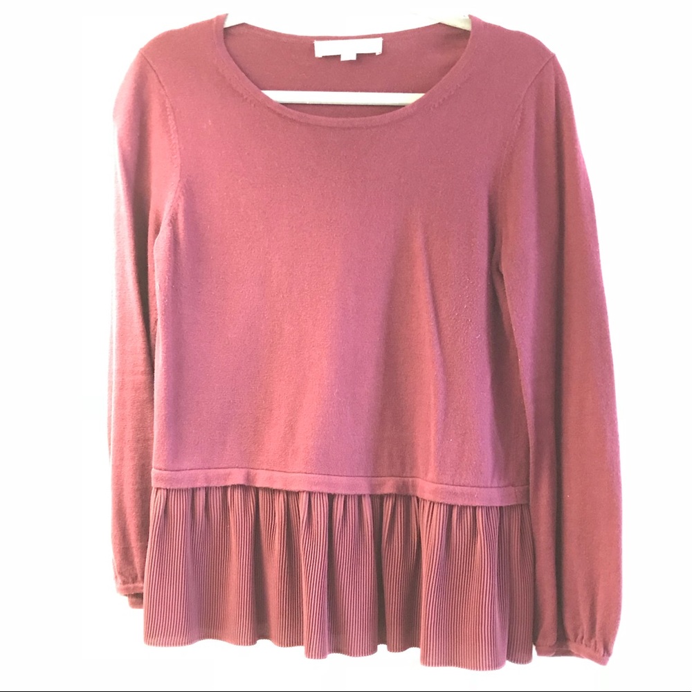 LOFT sweet mixed media peplum maroon sweater m